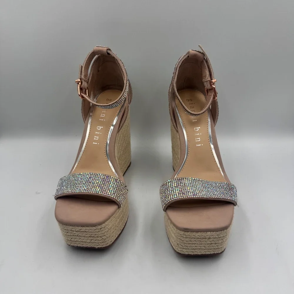 Gianni Bini Rhinestone Espadrille Wedge Sandals Rose Gold Square Toe Size 6M